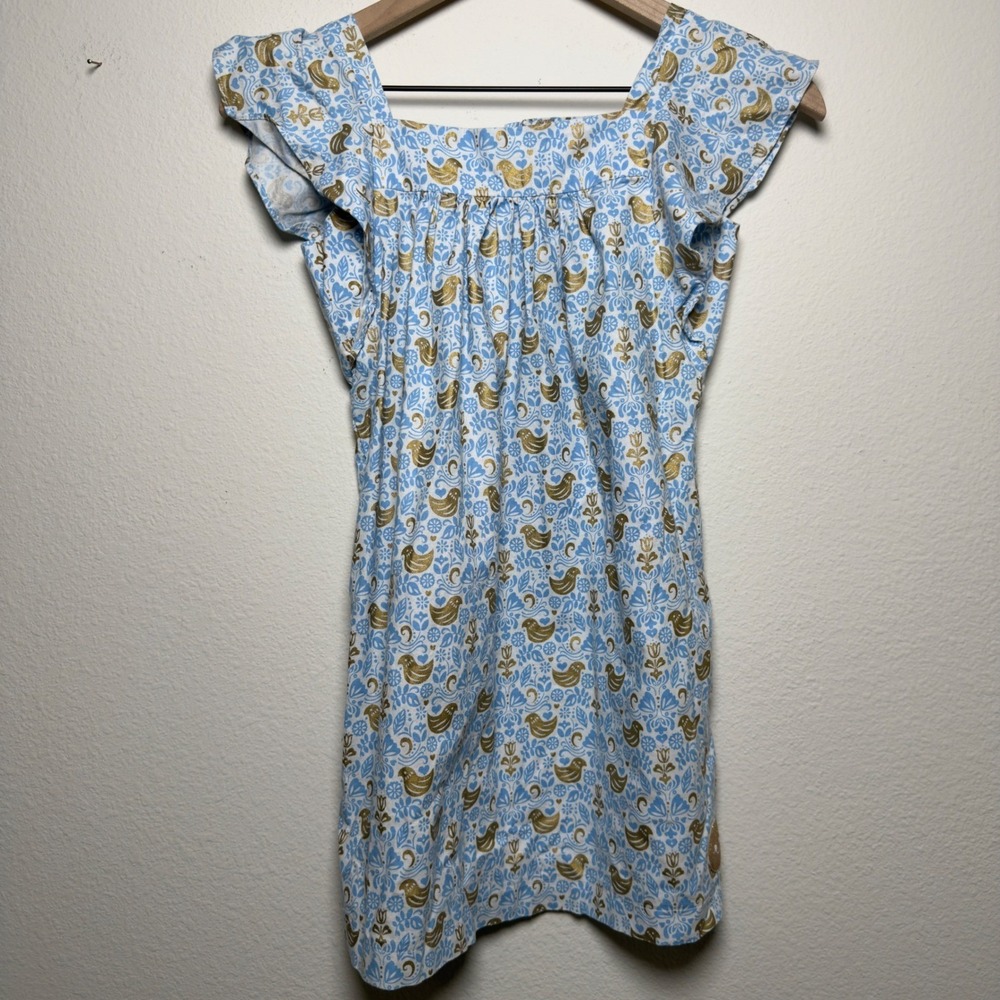 Smiling Button Girls Cotton Dress 10 Blue Gold Bird Print Flutter Sleeve Flaw